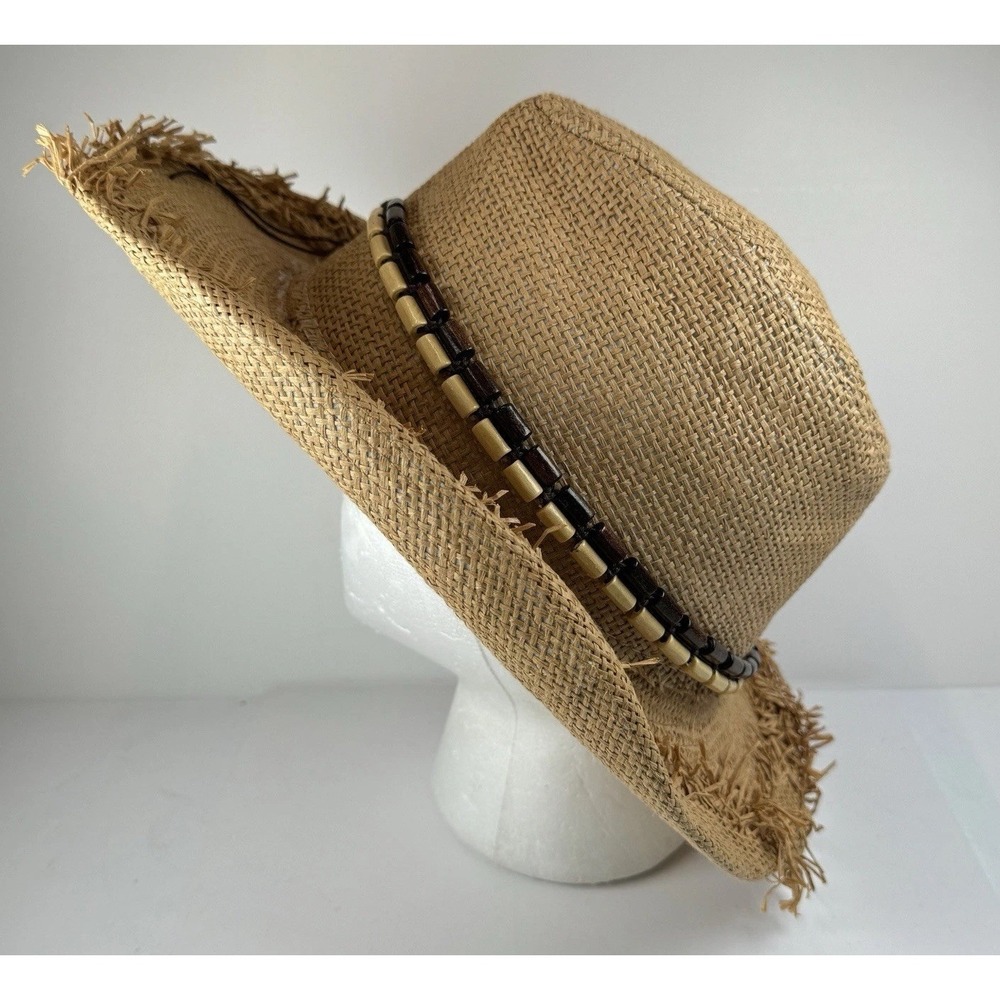 Strand Imports Straw Cowboy Hat Frayed Brim Beaded Band Paper Braid Western